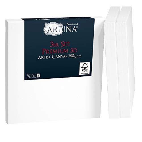 Artina 3er Set 3D Premium 30x30 cm Keilrahmen – Holz Keilrahmen Leinwand 100% Baumwolle Leinwand 3-Fach weiß vorgrundiert – Leinwände zum Bemalen 380 g/m² - Extrabreiter, bespannter Keilrahmen von Artina