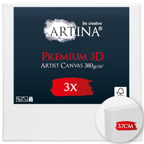 Artina 3er Set 3D Premium 20x20 cm Keilrahmen – Holz Keilrahmen Leinwand 100% Baumwolle Leinwand 3-Fach weiß vorgrundiert – Leinwände zum Bemalen 380 g/m² - Extrabreiter, bespannter Keilrahmen von Artina