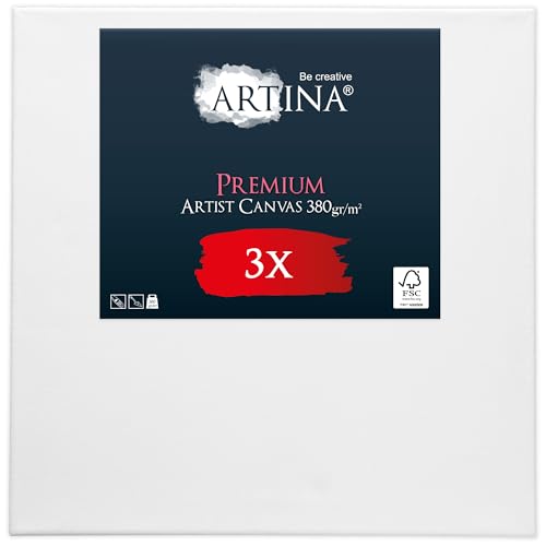 Artina 3er Set Premium 40x40 cm Keilrahmen – FSC® Holz Keilrahmen Leinwand 100% Baumwolle Leinwand weiß vorgrundiert – Leinwände zum Bemalen 380 g/m² - Extrabreiter, bespannter Keilrahmen von Artina