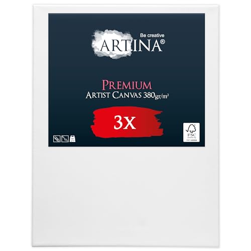 Artina 3er Set Premium 30x40 cm Keilrahmen – FSC® Holz Keilrahmen Leinwand 100% Baumwolle Leinwand weiß vorgrundiert – Leinwände zum Bemalen 380 g/m² - Extrabreiter, bespannter Keilrahmen von Artina