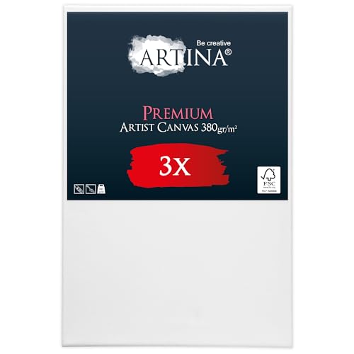 Artina 3er Set Premium 40x60 cm Keilrahmen – FSC® Holz Keilrahmen Leinwand 100% Baumwolle Leinwand weiß vorgrundiert – Leinwände zum Bemalen 380 g/m² - Extrabreiter, bespannter Keilrahmen von Artina