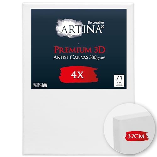 Artina 4er Set 3D Leinwand 50x70cm – Bespannt auf stabilem FSC® Keilrahmen, verzugsfrei, 3-fach weiß vorgrundiert, Premium Qualität, 100% Baumwolle, 380 g/m² – Künstlerbedarf von Artina