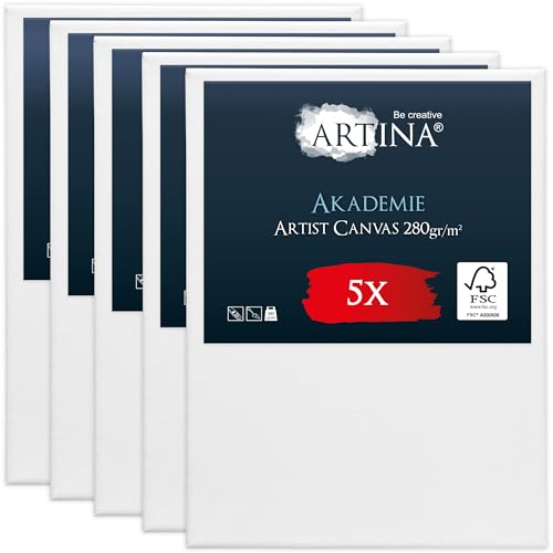 Artina FSC® Keilrahmen 5er Set Akademie 30x40 cm – Leinwand Set Maltuch aus 100% Baumwolle Leinwände 280 g/m² - Keilrahmenset Leinwand zum Bemalen für Acryl-, Aquarell-, Ölfarbe UVM von Artina