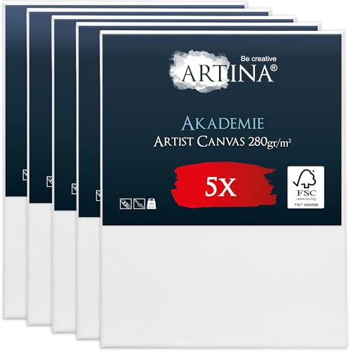 Artina FSC® Keilrahmen 5er Set Akademie 60x80 cm – Leinwand Set Maltuch aus 100% Baumwolle Leinwände 280 g/m² - Keilrahmenset Leinwand zum Bemalen für Acryl-, Aquarell-, Ölfarbe uvm von Artina