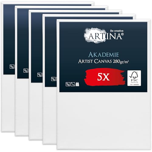 Artina FSC® Keilrahmen 5er Set Akademie 50x70 cm – Leinwand Set Maltuch aus 100% Baumwolle Leinwände 280 g/m² - Keilrahmenset Leinwand zum Bemalen für Acryl-, Aquarell-, Ölfarbe UVM von Artina