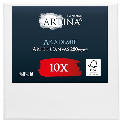 Artina FSC® Keilrahmen 10er Set Akademie 10x10 cm – Leinwand Set Maltuch aus 100% Baumwolle Leinwände 280 g/m² - Keilrahmenset Leinwand zum Bemalen für Acryl-, Aquarell-, Ölfarbe uvm von Artina