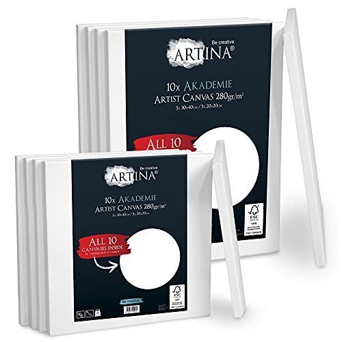 Artina FSC® Keilrahmen 10er Set Akademie 5x 30x40 cm & 5x 20x20 cm – Leinwand Set Maltuch aus 100% Baumwolle Leinwände 280 g/m² - Keilrahmenset Leinwand zum Bemalen für Acryl-, Aquarell-, Ölfarbe uvm von Artina