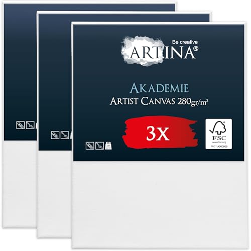 Artina FSC® Keilrahmen 3er Set Akademie 40x50 cm – Leinwand Set Maltuch aus 100% Baumwolle Leinwände 280 g/m² - Keilrahmenset Leinwand zum Bemalen für Acryl-, Aquarell-, Ölfarbe uvm von Artina