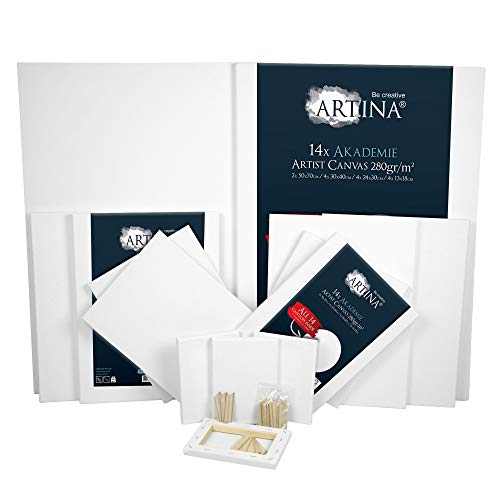 Artina FSC Keilrahmen 14er Set Akademie 50x70, 30x40, 24x30, 13x18 cm - Leinwand Set Maltuch aus 100% Baumwolle Leinwände 280 g/m² - Keilrahmenset Leinwand zum Bemalen für Acryl, Aquarell, Öl UVM Artina FSC Keilrahmen 14er Set Akademie 50x70, 30x40, 24x30, 13x18 cm - Leinwand Set Maltuch aus 100% Baumwolle Leinwände 280 g/m² - Keilrahmenset Leinwand zum Bemalen für Acryl, Aquarell, Öl UVM von Artina