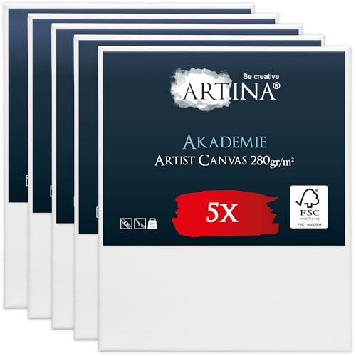 Keilrahmen Leinwand zum Bemalen 50x60 cm – Artina FSC® 5er Set bespannte Keilrahmen Leinwände zum malen für Acrylfarben Canvas 100% Baumwolle – Acryl Leinwand Rahmen von Artina