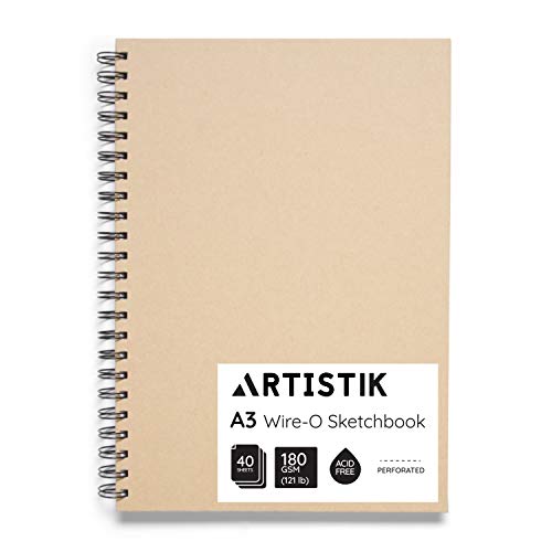 A3-Skizzenbuch - (Packung mit 1 Buch, 80 Seiten (40 Blätter) Wire-O-Portrait-Zeichenblock für schwere Mischtechnik mit perforiertem säurefreiem 180-g-m-Papier und Krafttuch-Cover-Skizzenbuch von Artistik