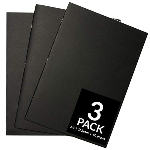 Skizzenbücher - Starter Skizzenbuch mit weichem Einband und weißem 165 GSM-Papierkassetten-Skizzenblock mit den Größen A3 und A4 für gemischten Mediengebrauch (3er-Pack - A4, schwarz) von Artistik