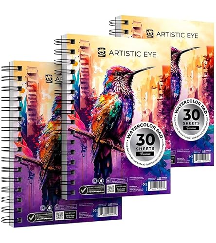 Artisto Aquarellblöcke 14 x 21,6 cm, 3 Stück (90 Blatt), spiralgebunden, säurefreies Papier, 300 g/m², perfekt für die meisten nassen und trockenen Medien, ideal für Anfänger, Künstler und Profis als von ARTISTIC EYE