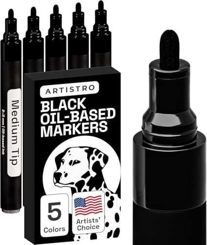 ARTISTRO 5 Permanent-Farbmarker auf Ölbasis – Sets mit Markern mit Feiner und Mittlerer Spitze für Holz, Stein, Stoff, Glas, Keramik, Metall, Kunststoff – Schnelltrocknend, Wasserfest, Schwarz von Artistro