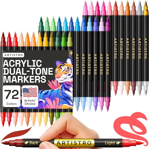 ARTISTRO Farbmarker in 72 Farben, zweifarbige Acrylstifte mit 36 Pinsel-Markern mit Doppelspitze, für Steine und Kunstbedarf von Artistro