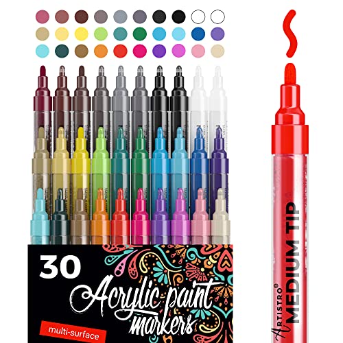 Acrylstifte - 30 Acryl Marker Medium Spitze (2mm) - Acryl Stifte zum Bemalen von Steinen, Fels, Holz, Stoff, Karte, Papier, Keramik & Glas - 28 Farben + Extra Schwarz & Weiß Acrylic Paint Marker Set von Artistro