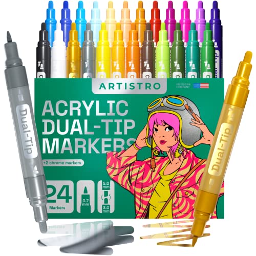Artistro Acrylic Paint Pens 24 Dual Tip Markers with 2 Mirror Chrome Marker Gold & Silver Extra Fine and Medium Tip + Chisel, Acrylic Paint Markers for Rocks, Wood, Canvas, Glass, Plastic von Artistro