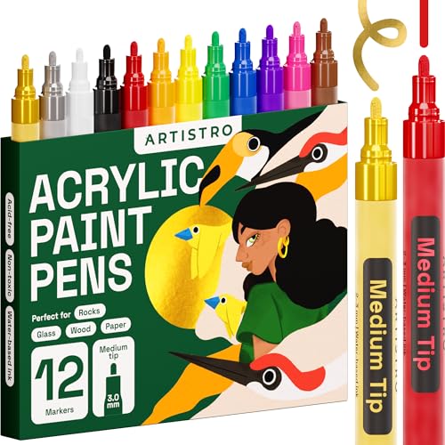 Acrylstifte, Acryl Stifte zum Bemalen von Steinen, Felsen, Keramik, Glas, Holz, Stoff, Leinwand, Porzellan, Metall, 12-er Set Acryl Marker Medium Spitze (2mm) von Artistro