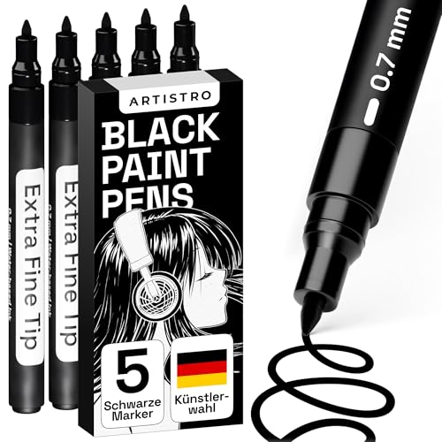 Artistro Acrylstifte Schwarz, Stifte für Steine, Felsmalerei, Keramik, Glas, Holz, Stoff, Metall, Leinwand, DIY, 5-er Set Acrylfarbe Permanent Marker auf Wasserbasis mit Extra-Feiner Spitze von Artistro