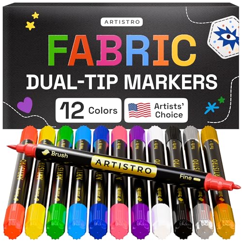 Artistro 12 Doppelseitige Textilmarker - Stoffdekorationsset - Permanent für Kleidung - Kein Auslaufen für T-Shirts, Taschen, Textilien, Leinwand und mehr (Pinselspitze und Feine Spitze) von Artistro