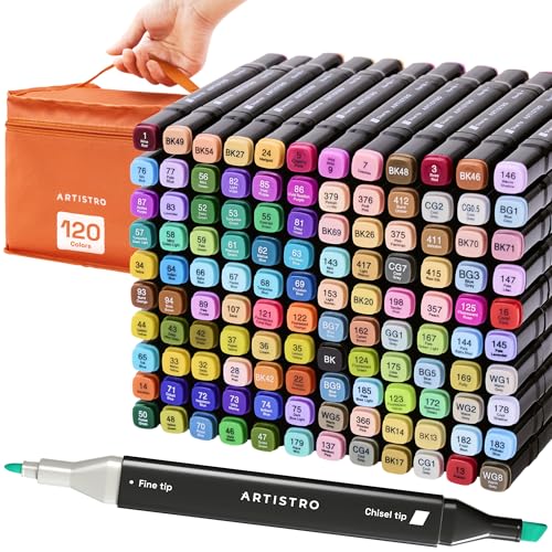 Artistro 120 Dual-Tip Alkoholmarker – Alkoholbasierte Stifte-Set, Meißel- + Feine Spitze, Schnell trocknend, Inklusive Tragetasche Artistro 120 Dual-Tip Alkoholmarker – Alkoholbasierte Stifte-Set, Meißel- + Feine Spitze, Schnell trocknend, Inklusive Tragetasche von Artistro