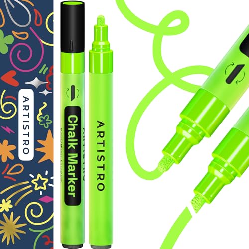 Artistro 2 Grün Neon-Kreidemarker – radierbare Kreidestifte mit 3 mm wendbarer Spitze für Tafel, Kreidetafel, Autofenster, Glas – Flüssigkreide-Marker, ideal für Kinder und Erwachsene, Restaurants von Artistro