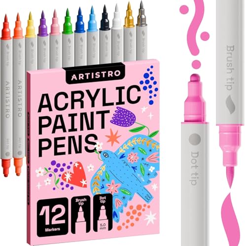Artistro Acrylstifte 12 Farben, Marker Stifte mit 2 Spitze - Pinsel und Punkt, Wasserfeste Stifte, Acrylic Marker für Steine Bemalen, Stoff, Leinwand, Glas, Holz, Papier, DIY Crafts von Artistro