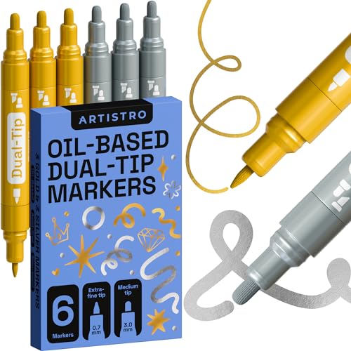 Artistro Metallic Marker Permanent - Set aus 6 Gold- und Silberstiften, Ölbasierte Lackmarker mit Doppelspitze (0,7 mm + 3 mm), Wasserfeste Stifte für Stein, Keramik, Glas, Holz, Reifen, Stoff & mehr von Artistro