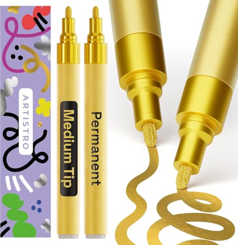 Artistro Permanent Marker Gold - 2 Stück Acrylstifte Gold - Wasserfest Filzstift mit 3 mm Spitze, Schnell Trocknender Glanzlackmarker für Textil, Stein, Keramik, Glas, Holz, Metall, Karton Artistro Permanent Marker Gold - 2 Stück Acrylstifte Gold - Wasserfest Filzstift mit 3 mm Spitze, Schnell Trocknender Glanzlackmarker für Textil, Stein, Keramik, Glas, Holz, Metall, Karton von Artistro