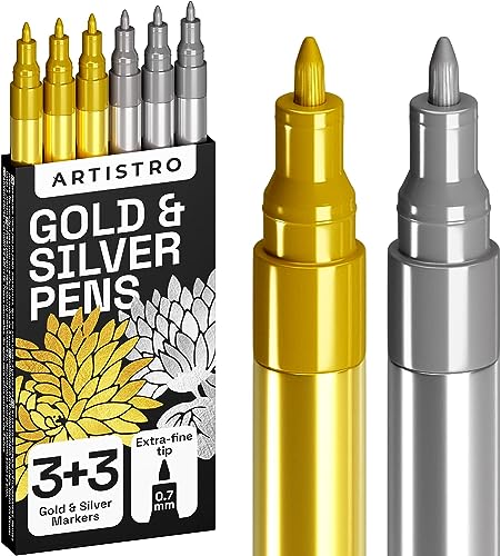 Metallic Acrylstifte Marker Set für Fels, Steine, Keramik, Glas, Holz, Stoff, Leinwand, Metall, Scrapbook, 6-er Set mit 3 Silbernen und 3 Goldenen Stiften auf Wasserbasis, Extra Feine Spitze 0,7 mm von Artistro