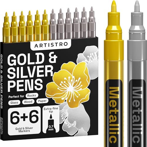 Artistro 12 Gold und Silver Metallic Acrylstifte Marker Set für Fels, Steine, Keramik, Glas, Holz, Stoff, Leinwand, Metall, Stiften auf Wasserbasis, Extra Feine Spitze 0,7 mm Artistro 12 Gold und Silver Metallic Acrylstifte Marker Set für Fels, Steine, Keramik, Glas, Holz, Stoff, Leinwand, Metall, Stiften auf Wasserbasis, Extra Feine Spitze 0,7 mm von Artistro