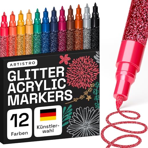 Glitzer Filzstifte, zum Bemalen von Steinen, Felsmalerei, Keramik, Glas, Holz, Stoff, Scrapbooking, DIY Projekte, Kartenherstellung, 12-er Set Acryl Stifte mit Extra-Feiner Spitze 0,7mm von Artistro