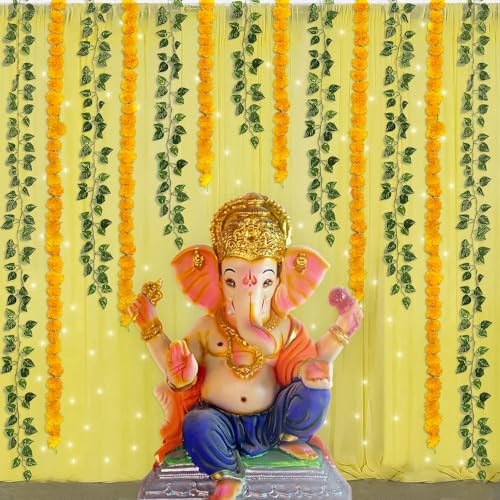 Artlicious Pooja Raumdekorationsartikel für Zuhause mit LED-Licht, Haldi-Hintergrund, Ganpati Diwali-Dekorationsset, Sankranthi, Lohri, Pongal-Festival-Dekoration (11 Stück) (Netz) (gelb) von Artlicious