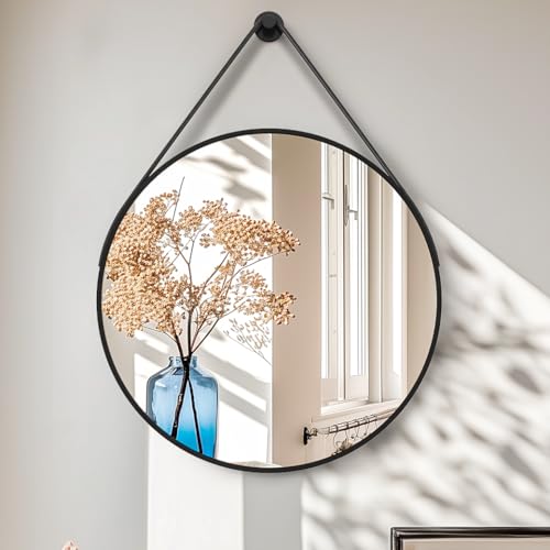 Artloge Rund Spiegel mit Lederband: Wandspiegel Rund 70 cm, Moderner Spiegel mit Schwarzem Metallrahmen und Ultraschmaller Aluminiumlegierung für Badezimmer, Wohnzimmer, Schlafzimmer, Eingang Artloge Rund Spiegel mit Lederband: Wandspiegel Rund 70 cm, Moderner Spiegel mit Schwarzem Metallrahmen und Ultraschmaller Aluminiumlegierung für Badezimmer, Wohnzimmer, Schlafzimmer, Eingang von Artloge