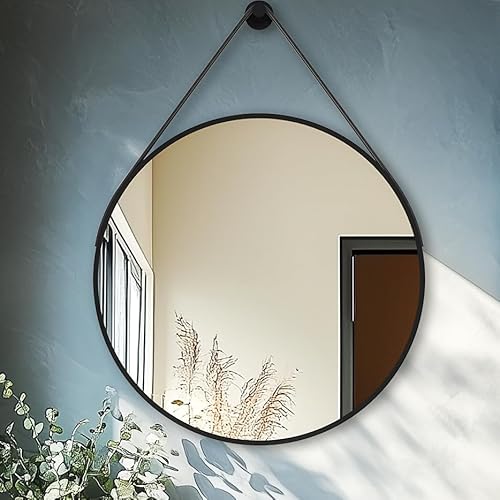 Artloge Rund Spiegel mit Lederband: Wandspiegel Rund 80 cm, Moderner Spiegel mit Schwarzem Metallrahmen und Ultraschmaller Aluminiumlegierung für Badezimmer, Wohnzimmer, Schlafzimmer, Eingang Artloge Rund Spiegel mit Lederband: Wandspiegel Rund 80 cm, Moderner Spiegel mit Schwarzem Metallrahmen und Ultraschmaller Aluminiumlegierung für Badezimmer, Wohnzimmer, Schlafzimmer, Eingang von Artloge
