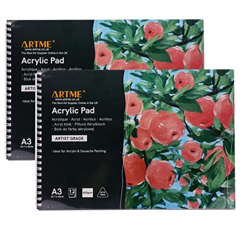 ARTME A3 Acrylblock (2 Stück) - 12 Blatt, 400 g/m², extra schwer, kaltgepresst, säurefrei, Premium-Qualität, Zeichenblock, Skizzenbuch, Acryl- und Gouache-Malerei (A3, 2 Stück) von Artme