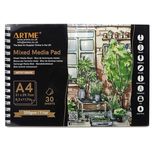 ARTME A4 Mixed Media Block, 30 Blatt, 200 g/m², Spiralbindung, mit reißenden Schnittlinien, Skizzenbuch zum Zeichnen und Malen (A4-1 Stück) von Artme