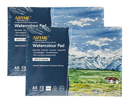 ARTME A5 Aquarellblock (2 Stück) x 12 Blatt / 300 g/m² / fest strukturiert/kaltgepresst/Zellulose-säurefrei/Premium-Qualität Zeichenblock Skizzenbuch Aquarelle & Gouache-Malerei (A5, 2 Stück) von Artme