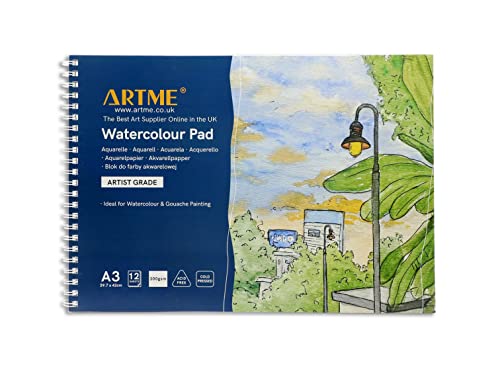 Artme A3 Aquarellblock, 12 Blatt, 300 g/m², fest strukturiert, kaltgepresst, frei von Zellulose, säurefrei, Premium-Qualität, Zeichenblock, Skizzenbuch, Aquarelle und Gouache-Malerei (1 Packung) von Artme