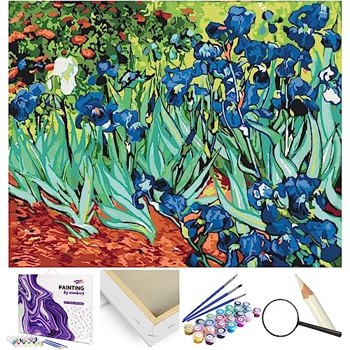 Artnapi Malen nach Zahlen Erwachsene mit Rahmen | DIY Handgemalt | Blumen - Blaue Schwertlilien Van Gogh | Kit für Anfänger und Erwachsene | Set inklusive Acrylfarben & Pinsel | 40x50cm Leinwand von Artnapi