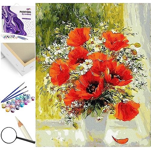 Artnapi Malen nach Zahlen Erwachsene mit Rahmen | DIY Handgemalt | Blumen - Mohnblumen und Gänseblümchen | Kit für Anfänger und Erwachsene | Set inklusive Acrylfarben & Pinsel | 40x50cm Leinwand von Artnapi