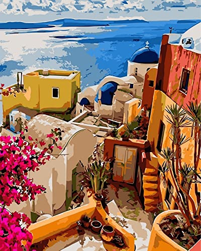 Artnapi Malen nach Zahlen Erwachsene mit Rahmen | DIY Handgemalt | Insel Santorin Griechenland | Kit für Anfänger und Erwachsene | Set inklusive Acrylfarben & Pinsel | 40x50cm Leinwand | Geschenke von Artnapi