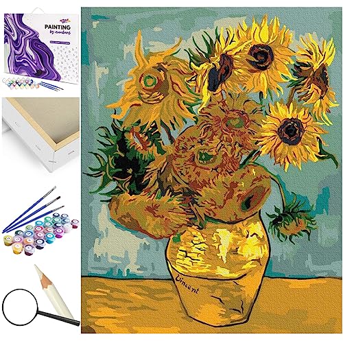 Artnapi Malen nach Zahlen Erwachsene mit Rahmen | DIY Handgemalt | Blumen - Sonnenblumen (Van Gogh) | Kit für Anfänger und Erwachsene | Set inklusive Acrylfarben & Pinsel | 40x50cm Leinwand von Artnapi