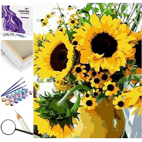 Artnapi Malen nach Zahlen Erwachsene mit Rahmen | DIY Handgemalt | Blumen - Sonnenblumen in einer Vase | Kit für Anfänger und Erwachsene | Set inklusive Acrylfarben & Pinsel | 40x50cm Leinwand von Artnapi