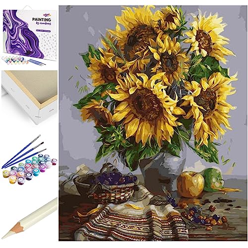 Artnapi Malen nach Zahlen Erwachsene mit Rahmen | DIY Handgemalt | Blumen - Sonnenblumen und Handtuch | Kit für Anfänger und Erwachsene | Set inklusive Acrylfarben & Pinsel | 40x50cm Leinwand von Artnapi