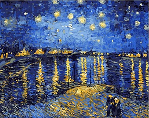 Artnapi Malen Nach Zahlen Erwachsene Kinder Kits MIT RAHMEN 40 * 50 cm (Sternennacht an der Rhone Van Gogh) - DIY Ölgemälde auf Leinwand Geschenk - Anti-Stress, Malen lernen von Artnapi