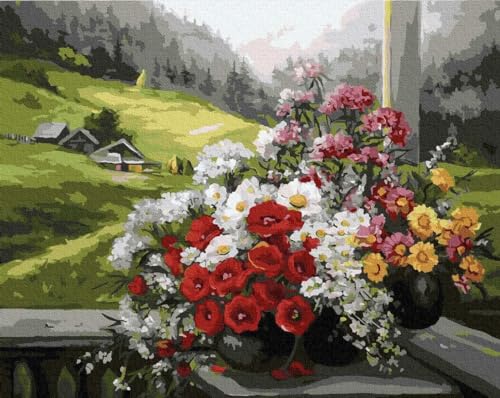 Artnapi Malen nach Zahlen Erwachsene mit Rahmen | DIY Handgemalt | Blumen - Alpine Landschaft | Kit für Anfänger und Erwachsene | Set inklusive Acrylfarben & Pinsel | 40x50cm Leinwand von Artnapi