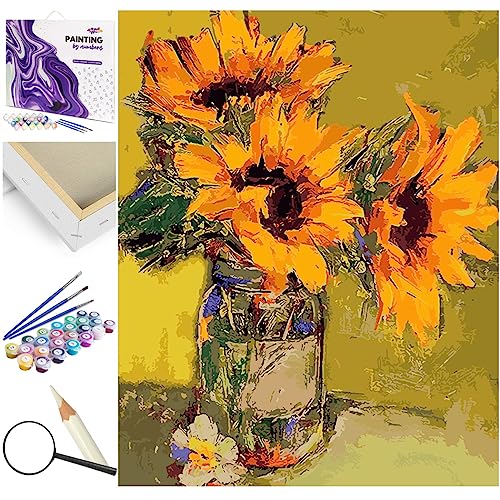 Artnapi Malen nach Zahlen Erwachsene mit Rahmen | DIY Handgemalt | Blumen - Blumenstrauß aus Sonnenblumen | Kit für Anfänger und Erwachsene | Set inklusive Acrylfarben & Pinsel | 40x50cm Leinwand von Artnapi
