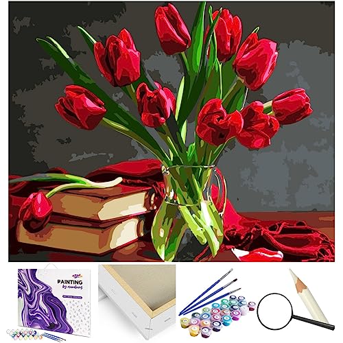 Artnapi Malen nach Zahlen Erwachsene mit Rahmen | DIY Handgemalt | Blumen - Blumenstrauß aus Tulpen | Kit für Anfänger und Erwachsene | Set inklusive Acrylfarben & Pinsel | 40x50cm Leinwand von Artnapi