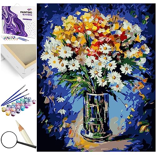 Artnapi Malen nach Zahlen Erwachsene mit Rahmen | DIY Handgemalt | Blumen - Gänseblümchen in einer Vase | Kit für Anfänger und Erwachsene | Set inklusive Acrylfarben & Pinsel | 40x50cm Leinwand von Artnapi